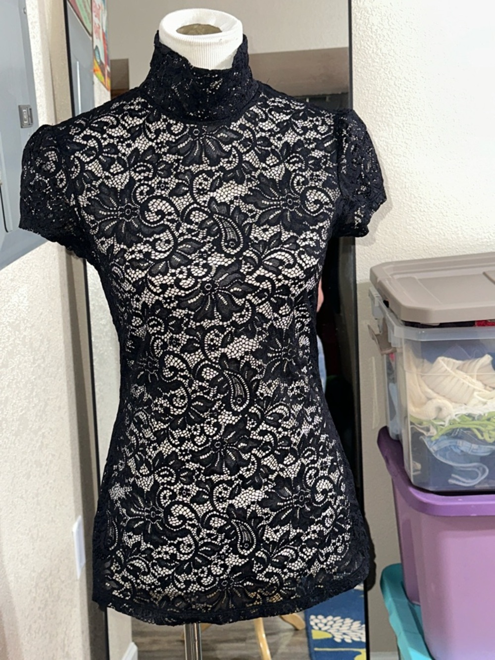 Express Black Lace Short Sleeve Mock Neck Blouse